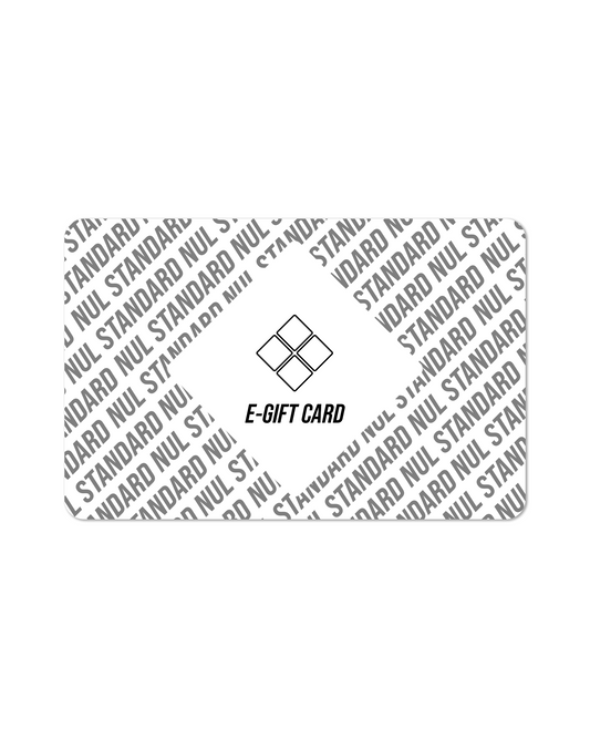 A rectangular gray e-gift card with repeating diagonal 'STANDARD NUL' text and a central diamond logo with the words 'E-GIFT CARD' underneath, shown on a plain white background.